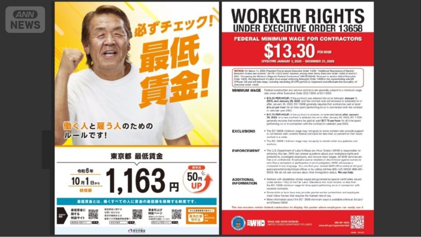 「必ずチェック！最低賃金！」ポスター…なぜかガッツポーズ　右はアメリカ