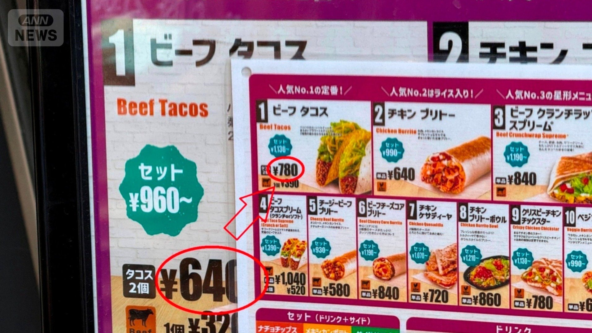 640円⇒780円値上げメニューが間に合わず…旧価格の上に張ってしのぐ（2月、都内）