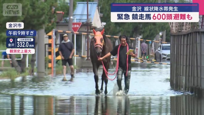 金沢競馬場では、厩舎（きゅうしゃ）が水につかった