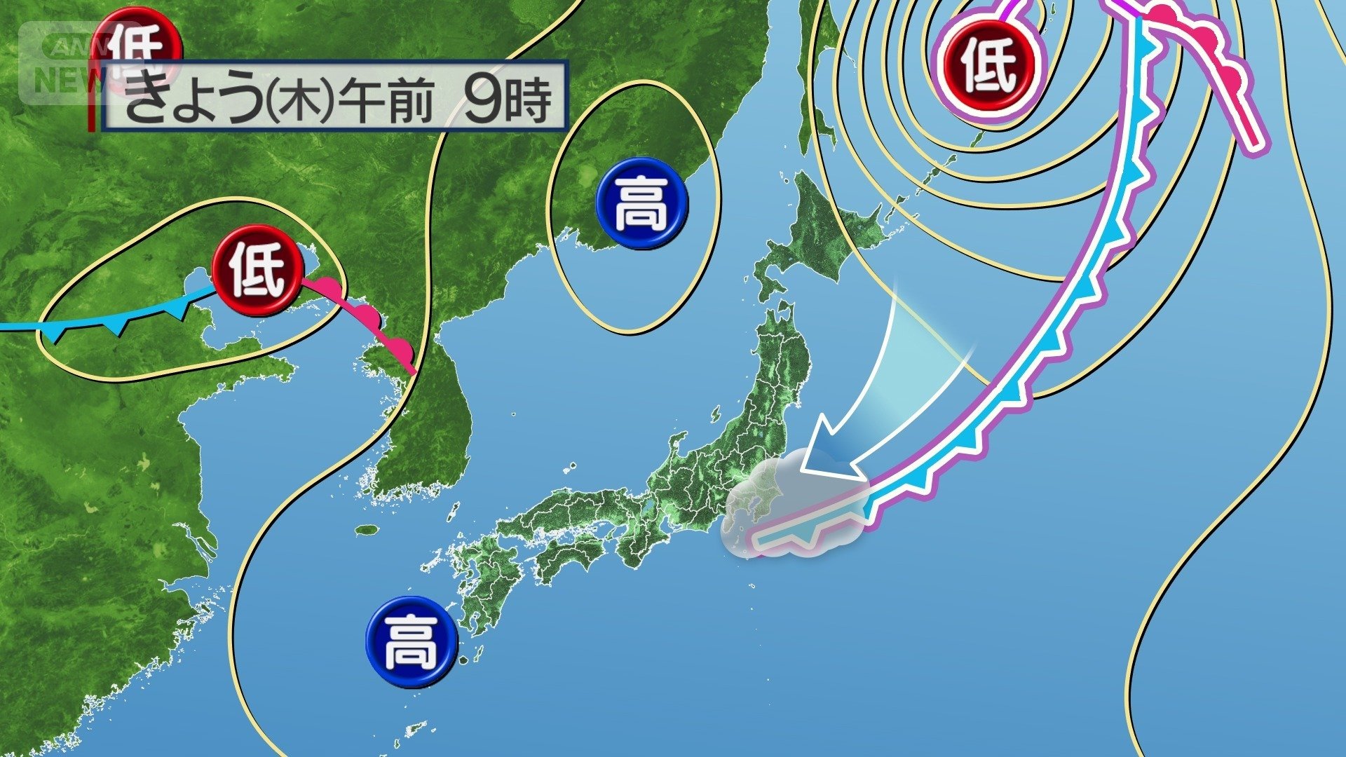 28日午前9時の天気図　関東は北東風で雲が広がる