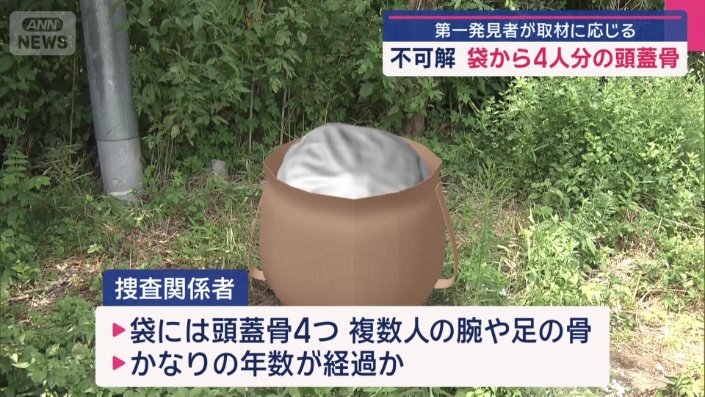 頭蓋骨4つと、複数人分の腕や足の骨が入っていたという