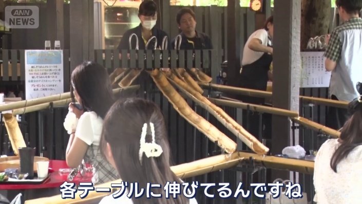 厨房から各テーブルに伸びた竹