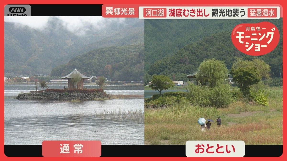 渇水で観光地に異変　湖底むき出し河口湖…歩いて六角堂まで　滝行は中止に