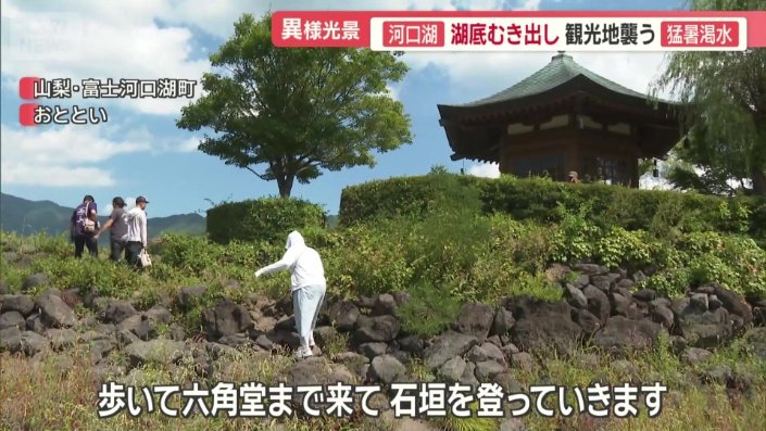 歩いて六角堂まで来て、石を登る観光客