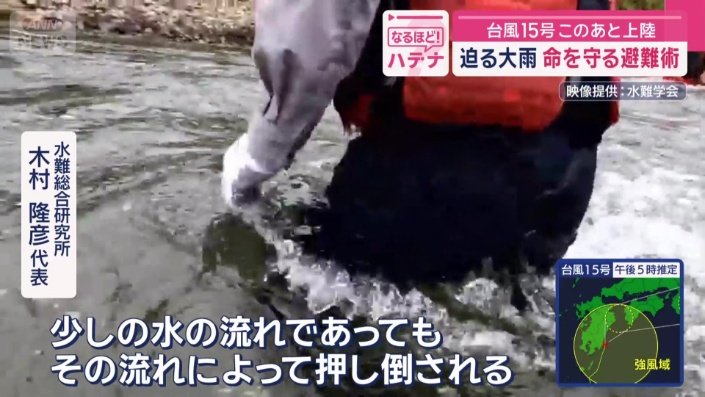水の流れが強い状況では、徒歩での避難は危険