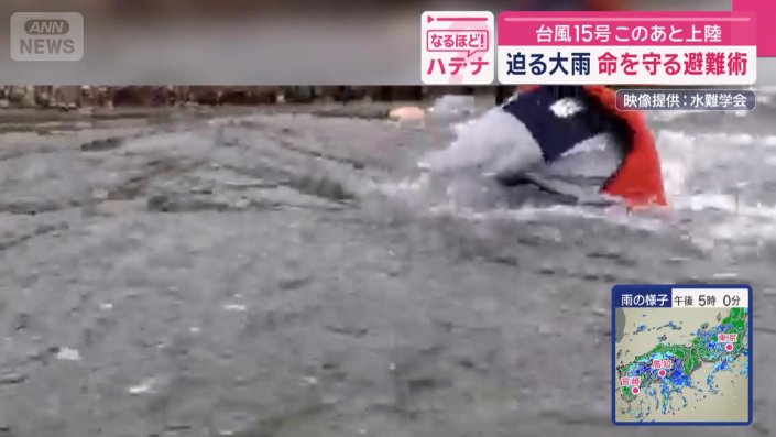 流れが強い冠水を徒歩で避難する実験