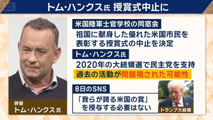 トム・ハンクス氏　授賞式中止に