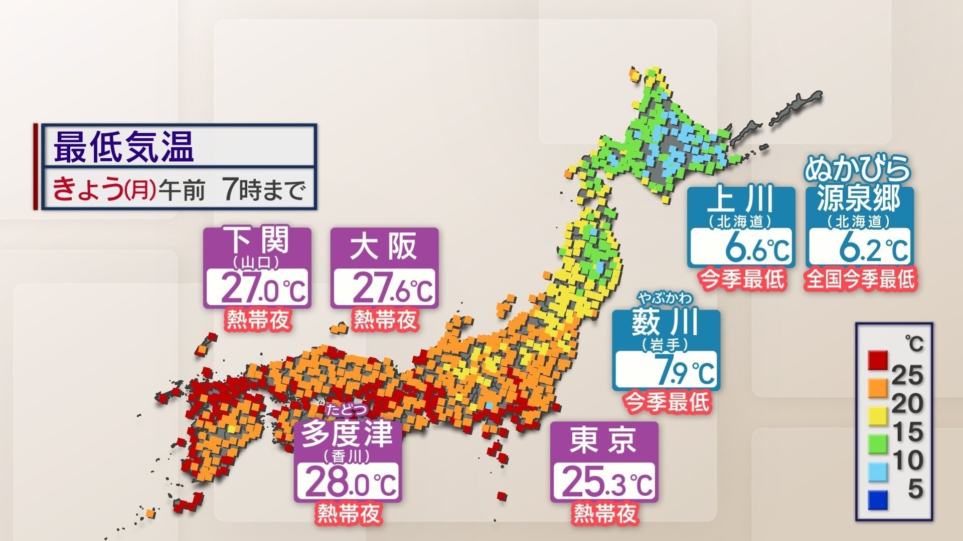きょう１５日（月）朝　午前７時までの最低気温