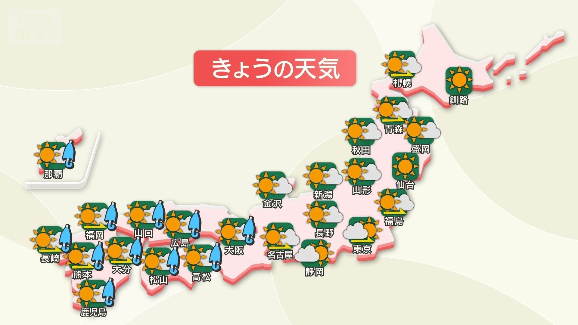 きょうの全国天気　西日本は晴れていてもにわか雨注意