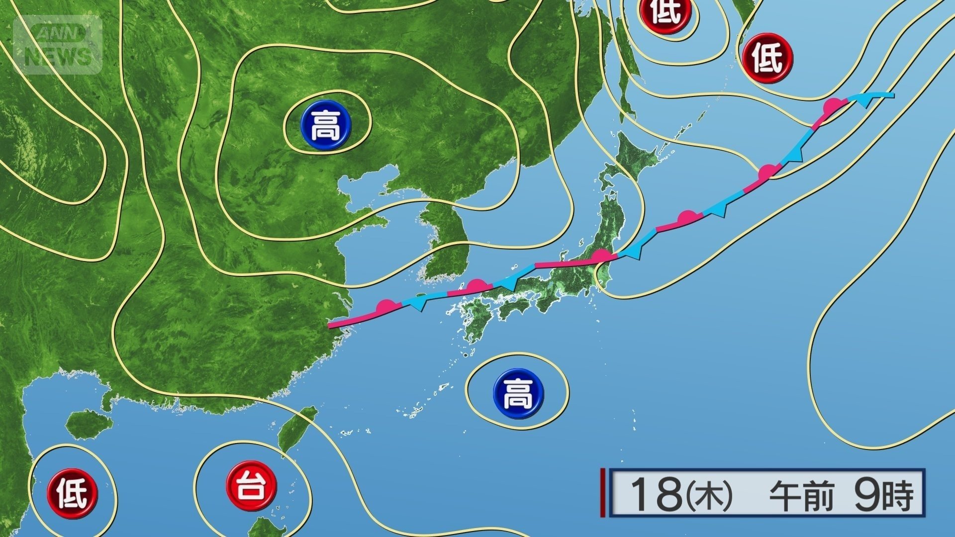 あすの予想天気図　前線の北は冬型　前線の南には太平洋高気圧と台風