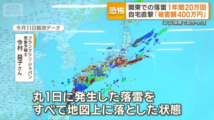 「丸1日に発生した落雷をすべて地図上に落とした状態」