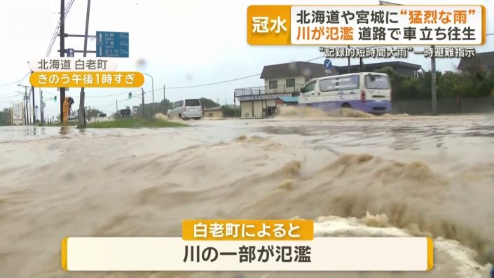 川の一部が氾濫し道路が冠水