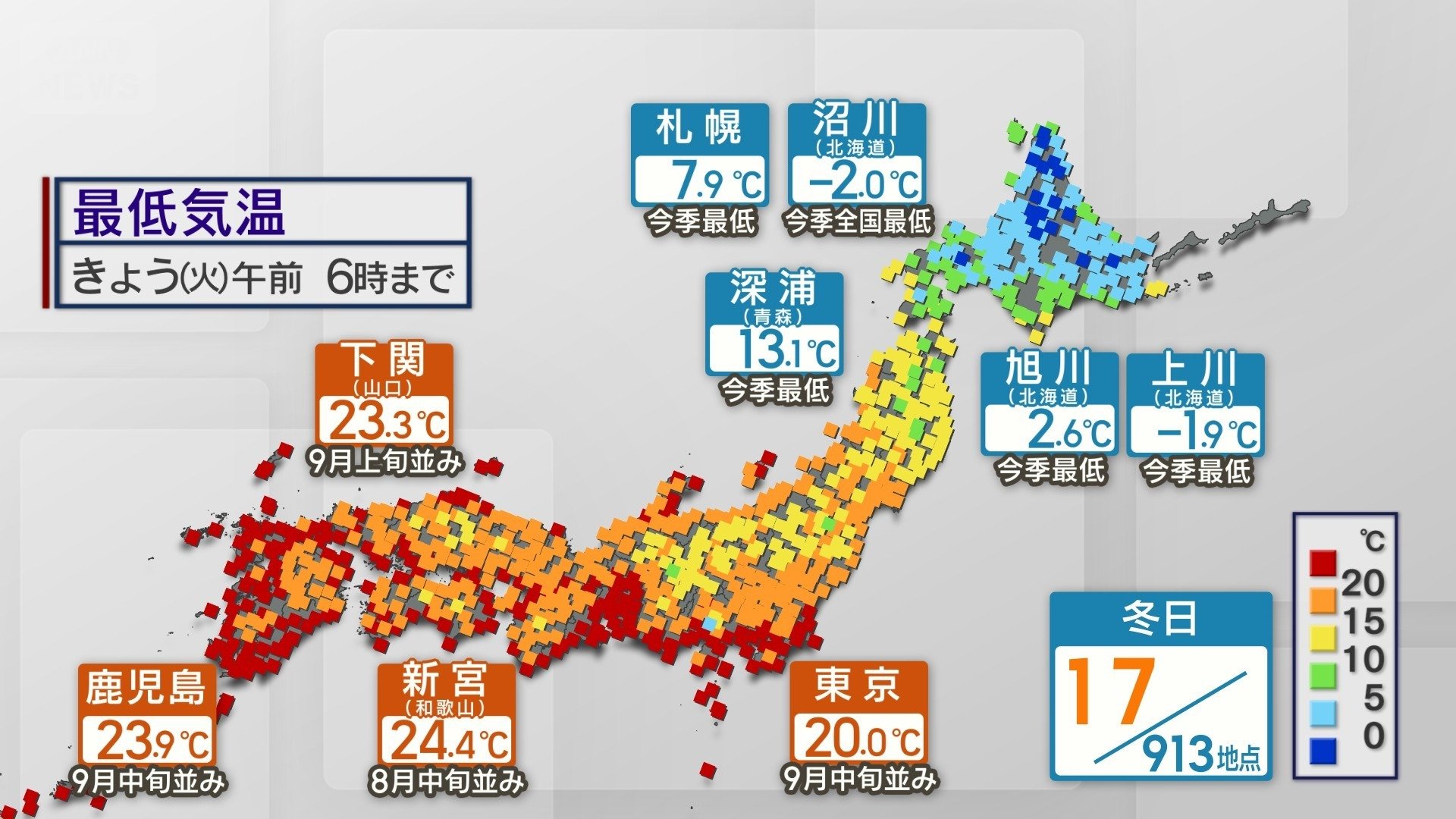 北海道で今季初の氷点下