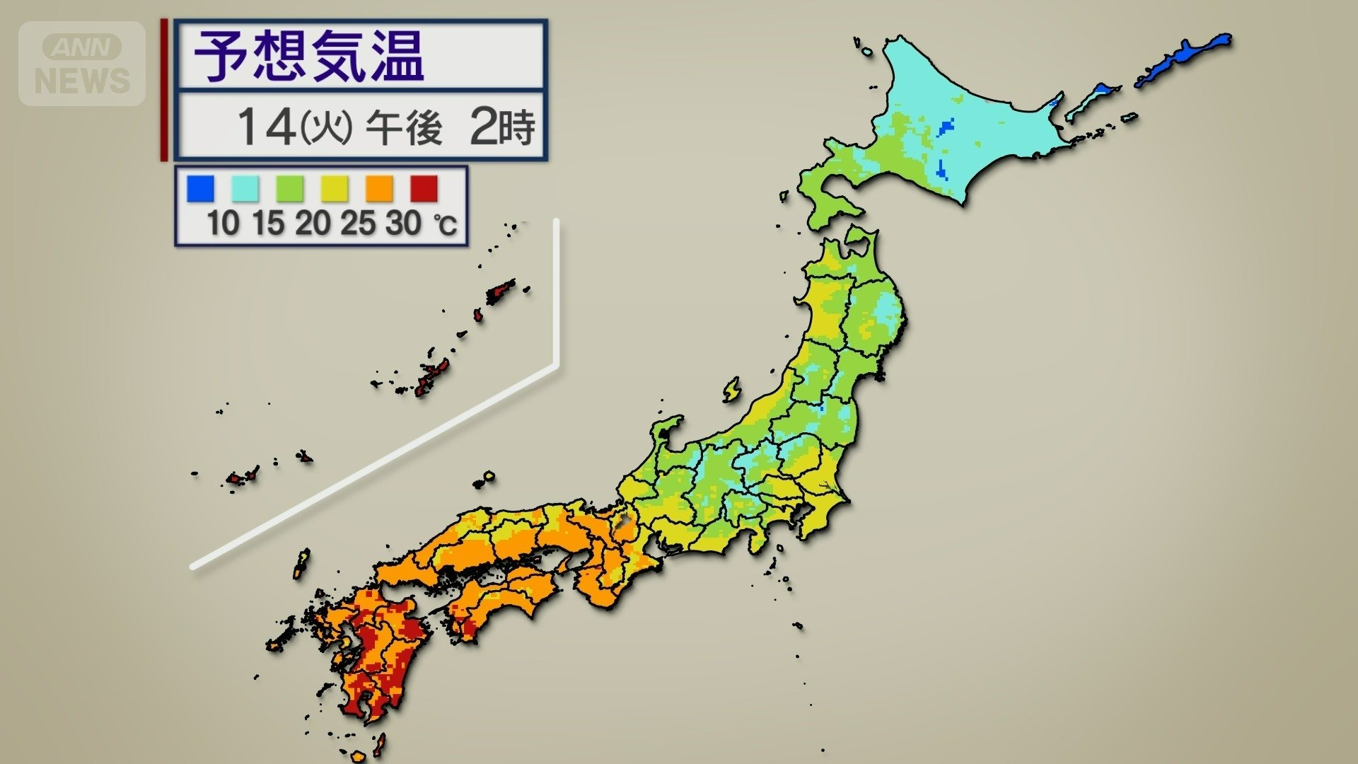 14日午後2時の予想気温分布　西日本では30℃前後まで気温が上がる