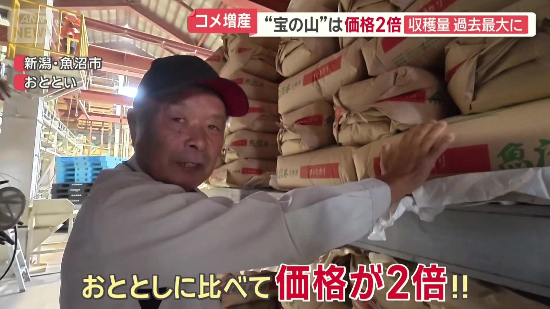 コメ袋を前に満足そうな表情を浮かべている