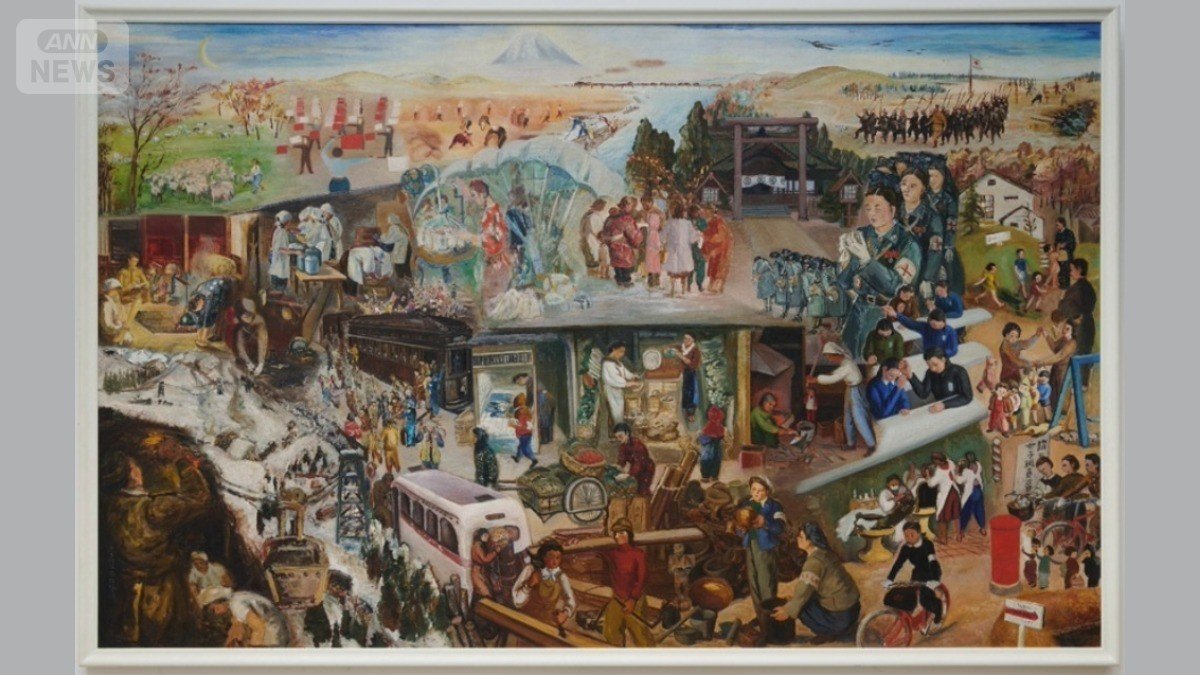 《大東亜戦皇国婦女皆働之図　秋冬の部》（1944年）油彩・キャンバス、187.1×299.7cm 女流美術家奉公隊作、靖国神社遊就館蔵（写真提供：靖国神社）