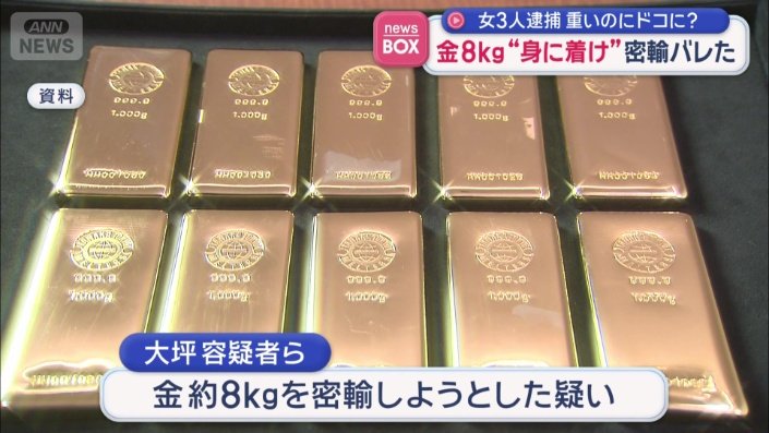 金約8キロを密輸しようとした疑い