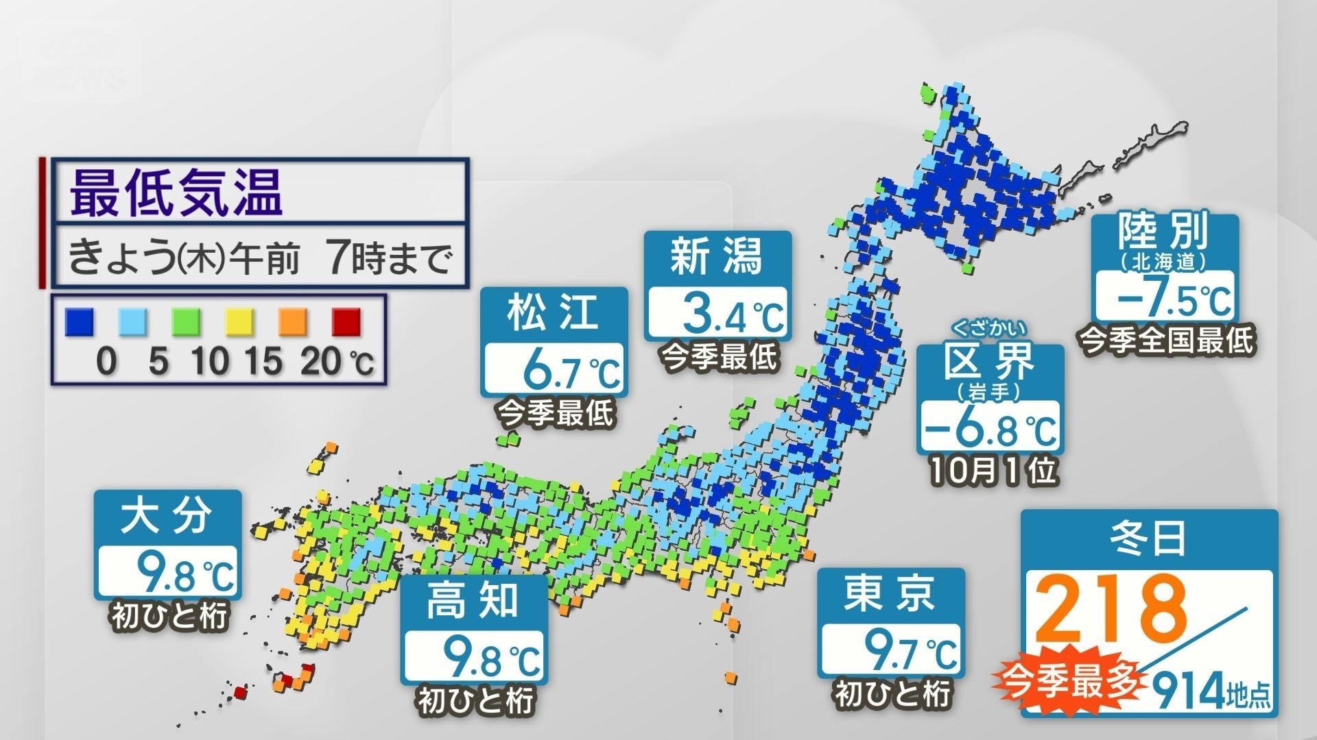 30日（木）朝の最低気温　200地点超で冬日