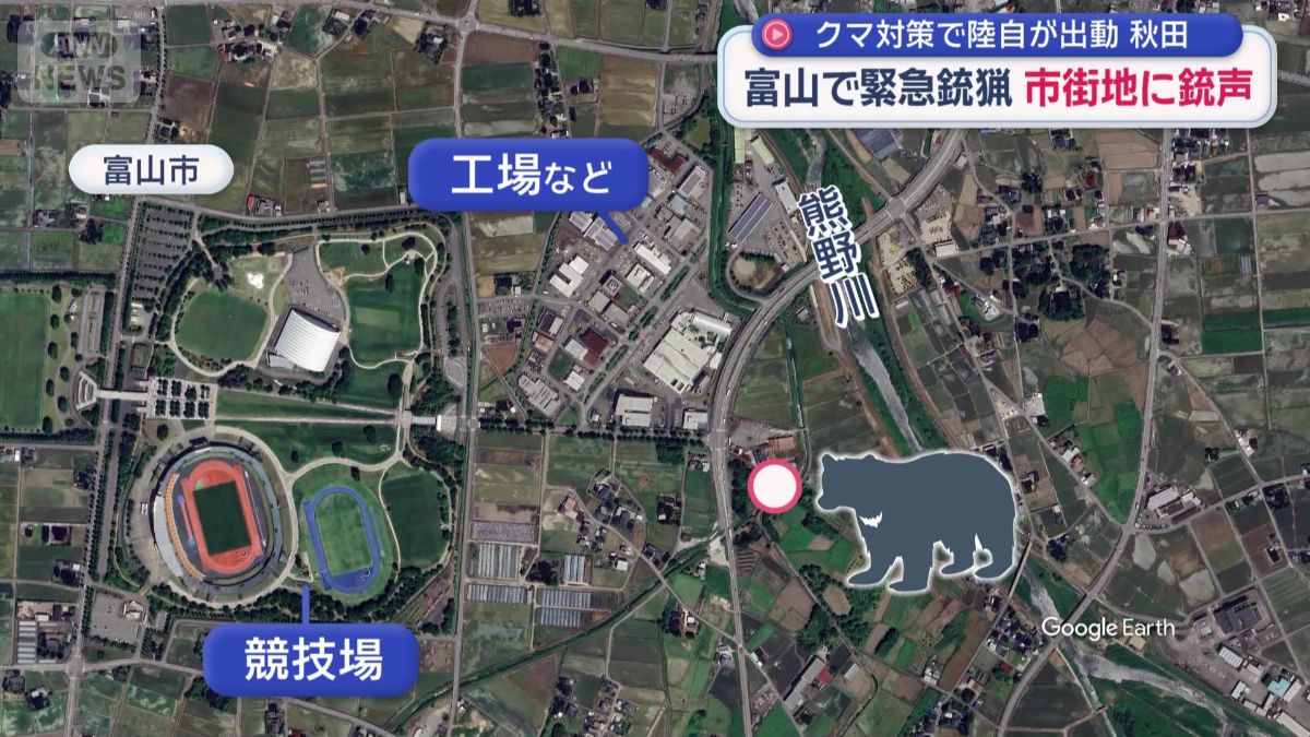 やぶの周りには住宅や工場、競技場がある