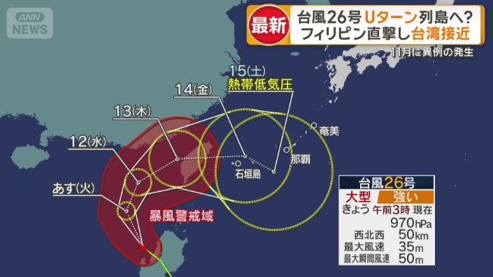 13日ごろから沖縄に近づく見込みの台風26号