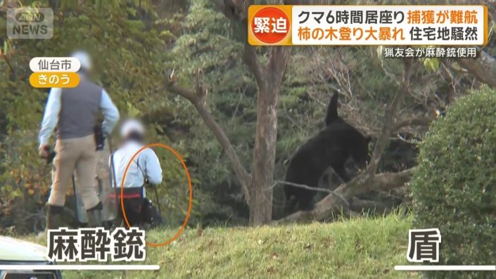 1人が盾をもう1人が麻酔銃を手にしている