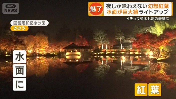 水面に映った色とりどりの紅葉