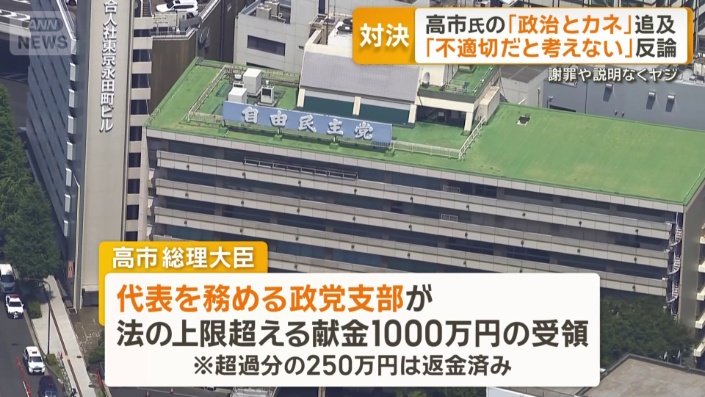 高市総理が代表の自民党党支部が法の上限超える献金1000万円の受領
