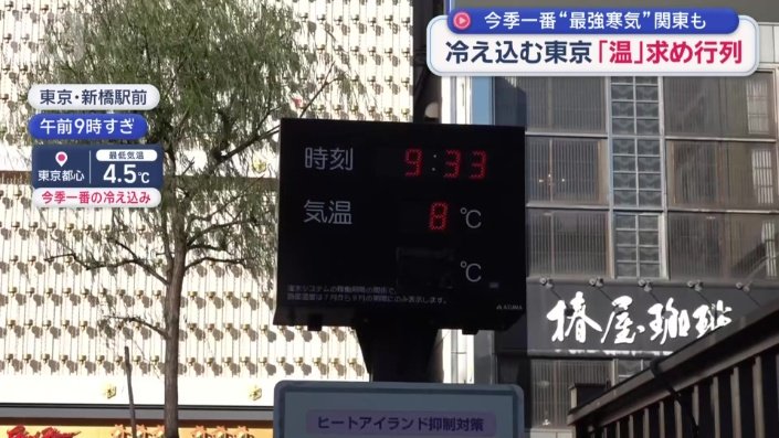 午前9時すぎの新橋駅前、気温は8℃