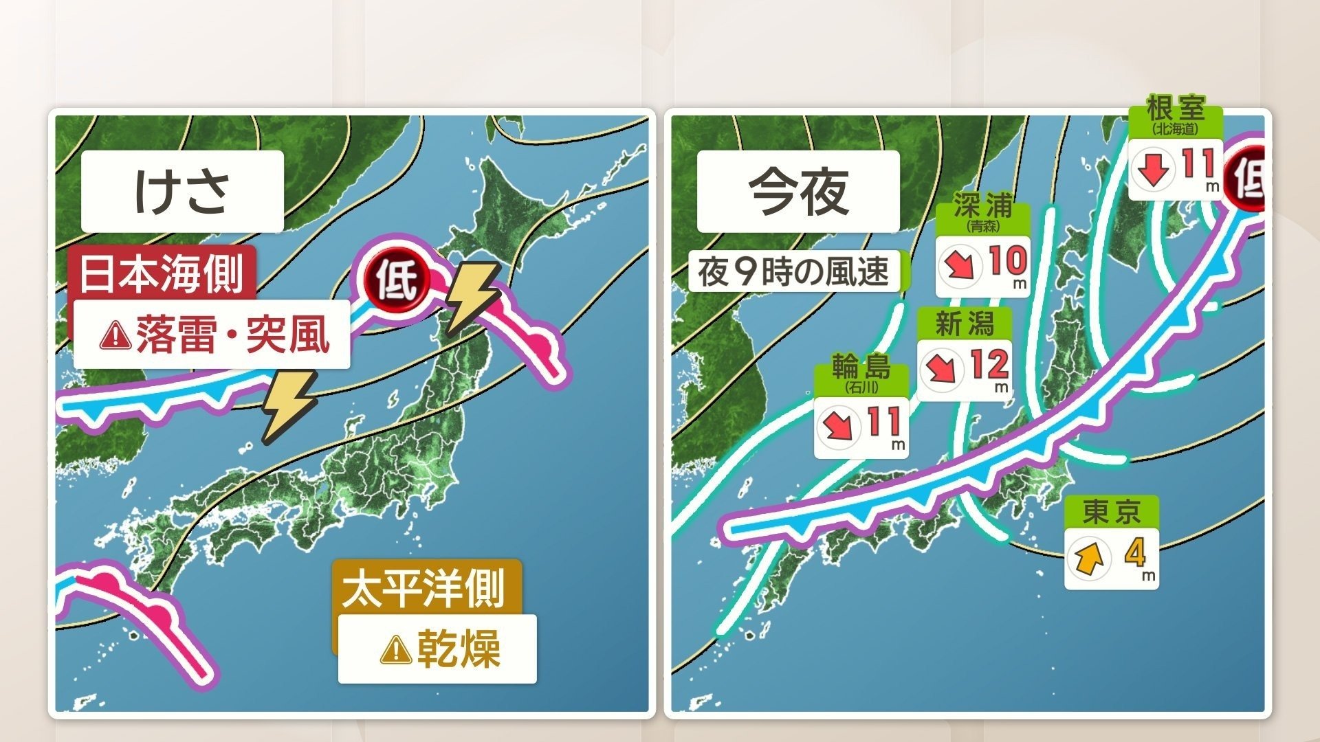 けさの天気図と今夜の天気図
