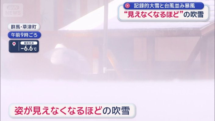 観光客の姿が見えなくなるほどの吹雪