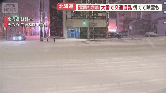 積雪で全く見えなくなった釧路市内の横断歩道