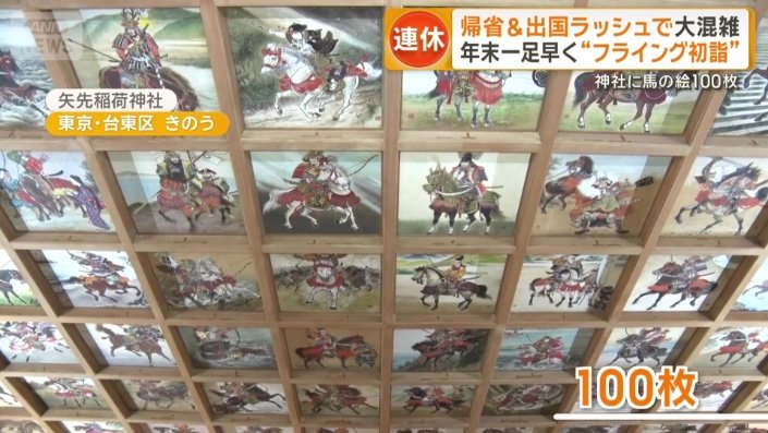 天井一面に張られた100枚の馬の絵！