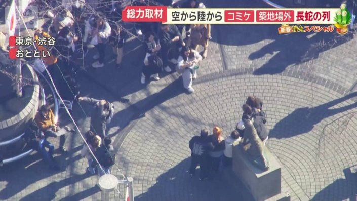 ハチ公前で記念撮影をしている人たち