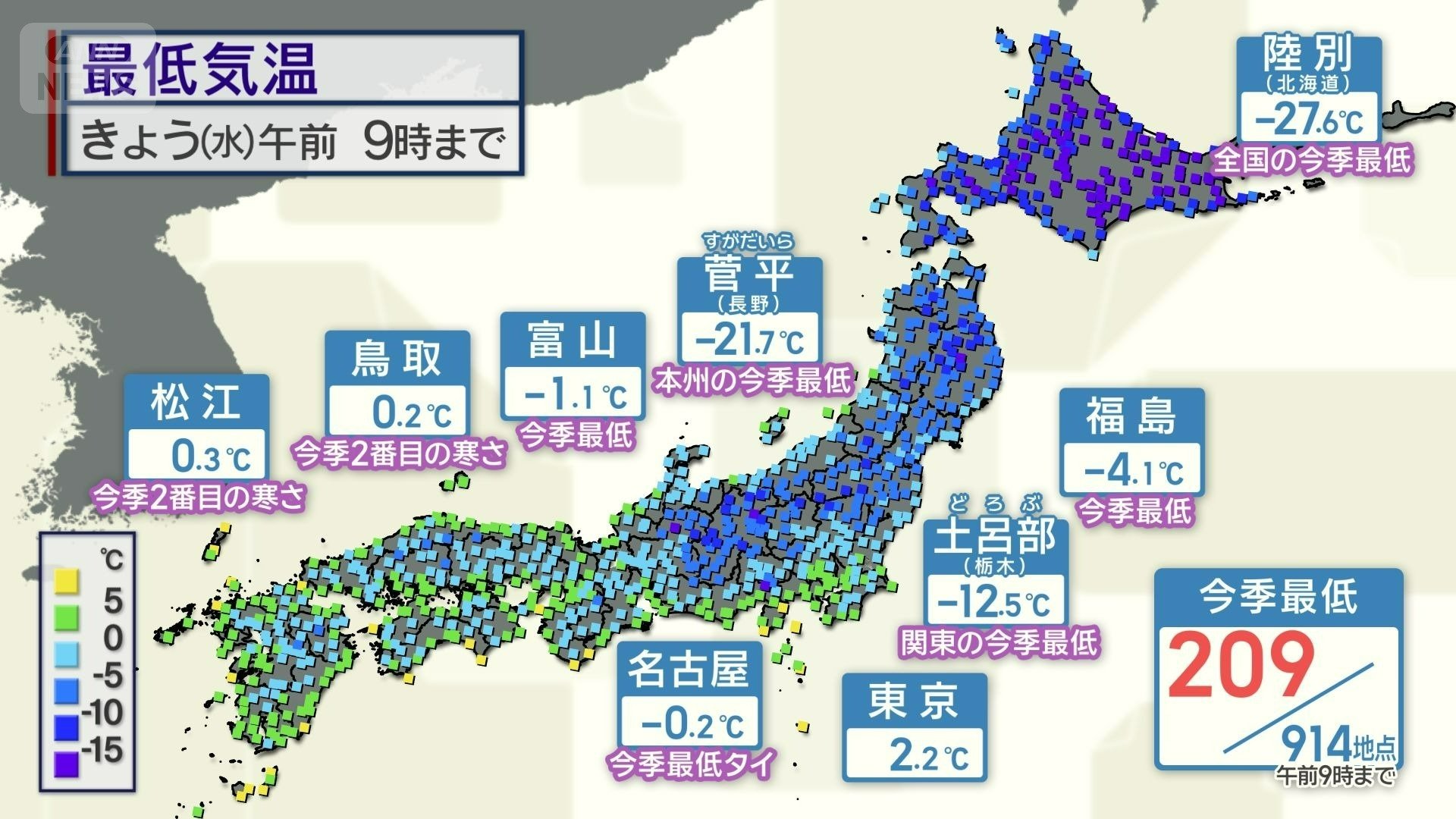 7日朝は北日本を中心に今季一番の冷え込みに