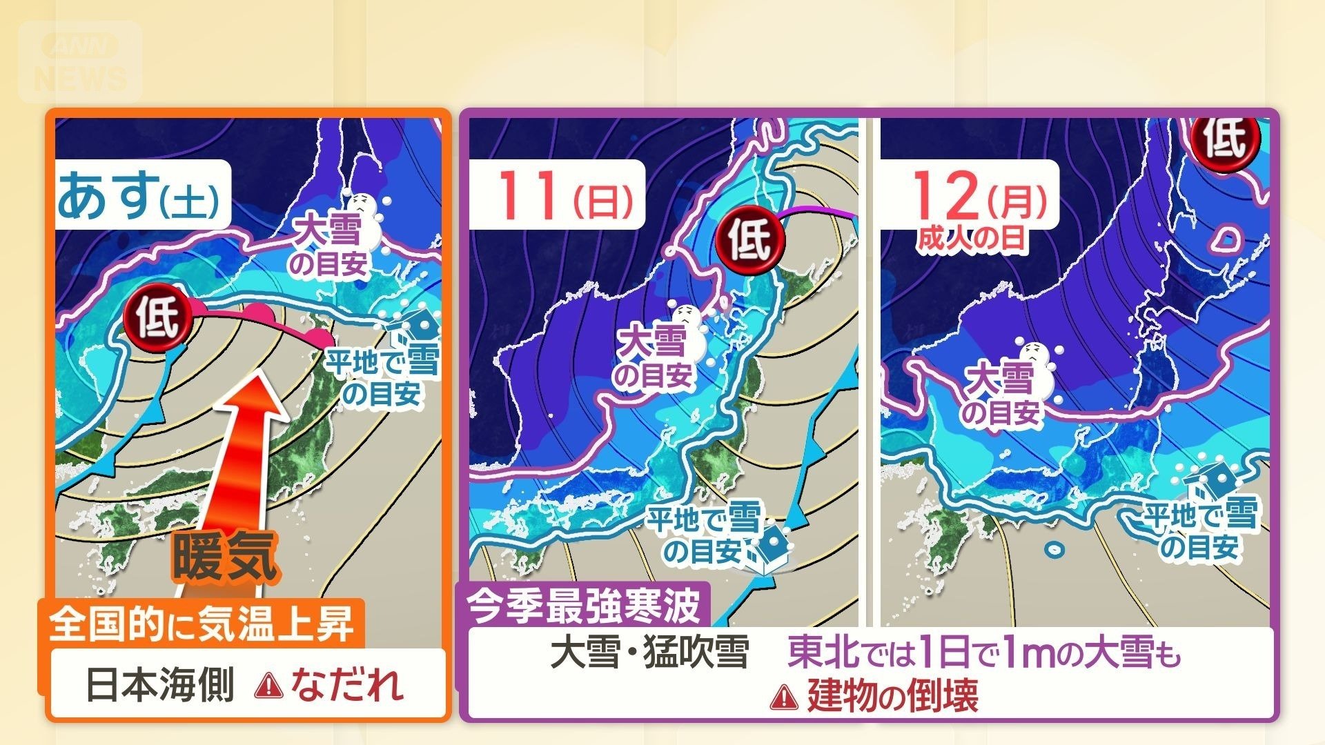 10（土）〜12（月）の天気図と寒気
11（日）が寒気のピーク