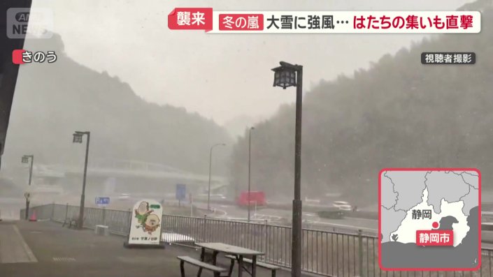 真横に流れる雪