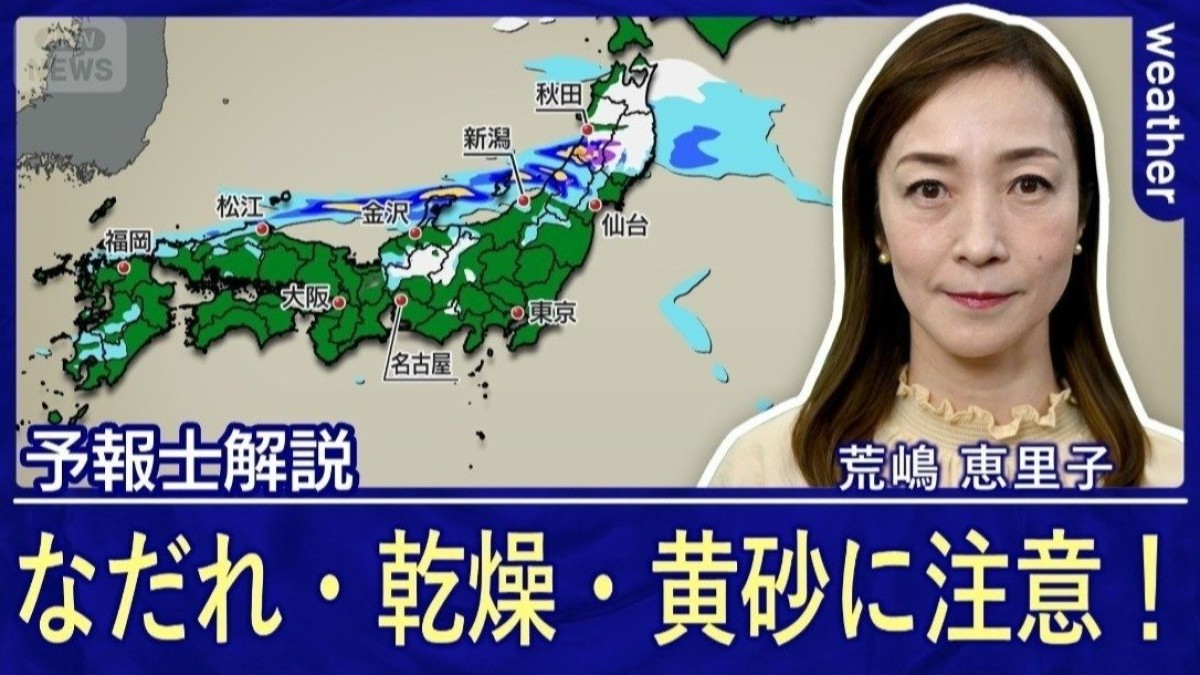 南風で気温上昇　なだれ・乾燥・黄砂に注意！日本海側は雨や湿った雪で雪解けが加速　