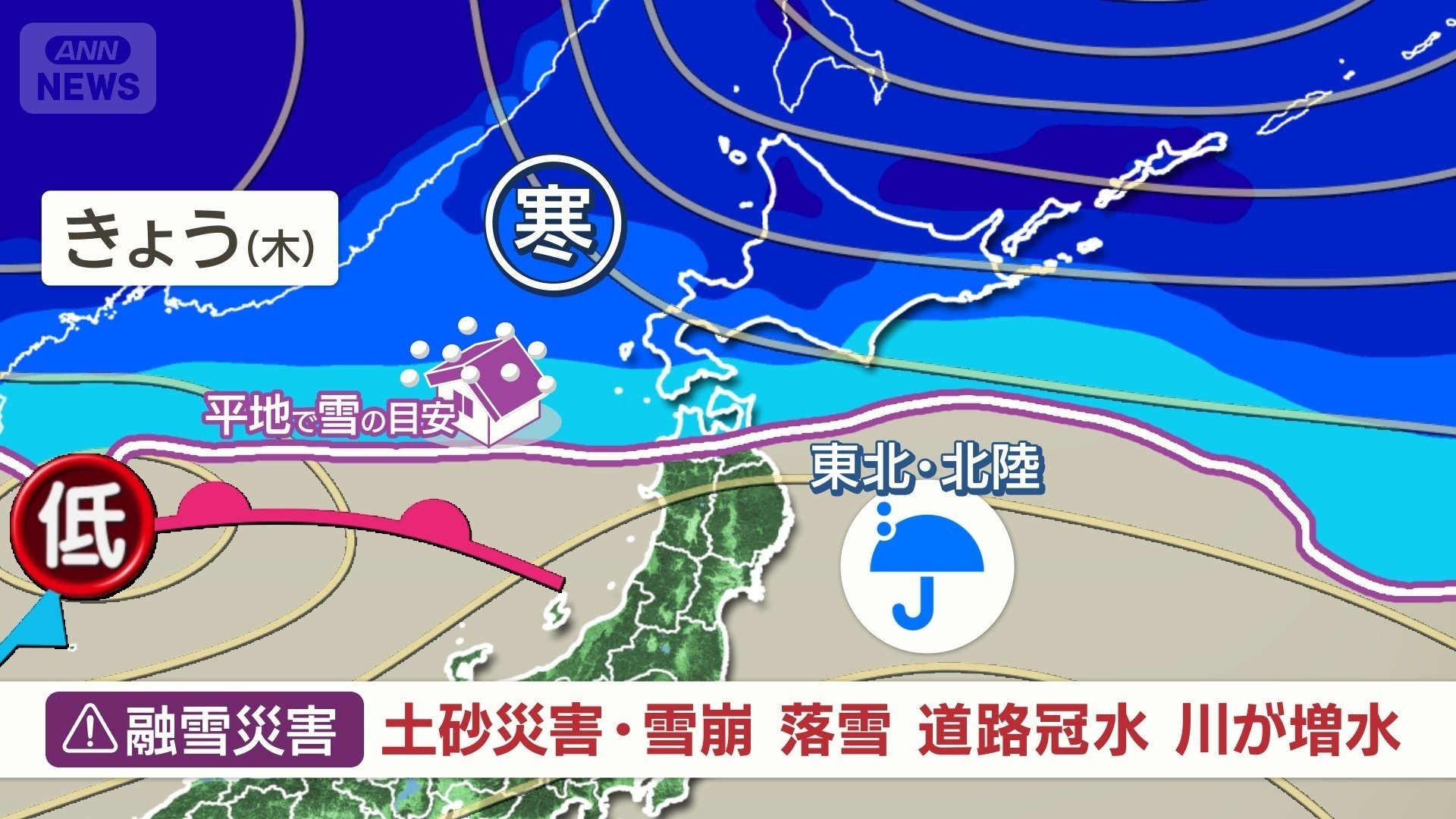 寒気が一旦北上　広く雨で融雪災害に注意