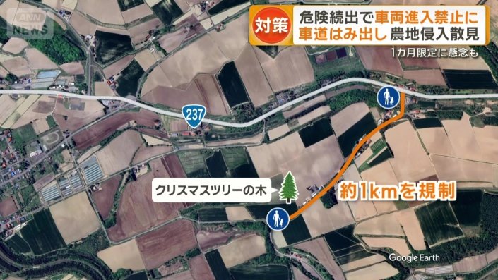 「クリスマスツリーの木」の前の道1キロが規制