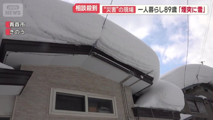 屋根の雪がうず高く積み上がった一軒家