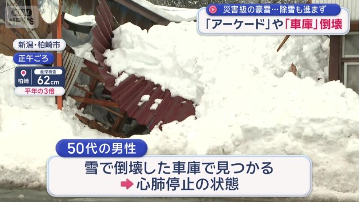 雪の重みで車庫が倒壊、50代男性が下敷きに