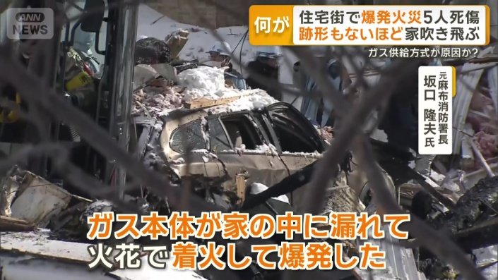 「ガス本体が家の中に漏れ火花で着火して爆発」