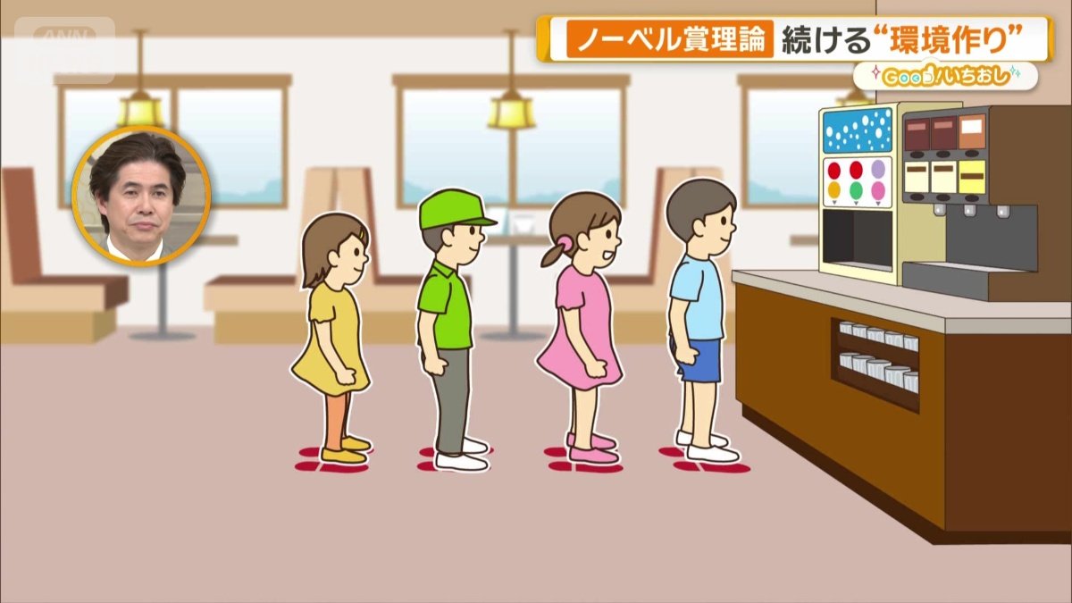 足跡のマークの上に4人きっちり並んだ