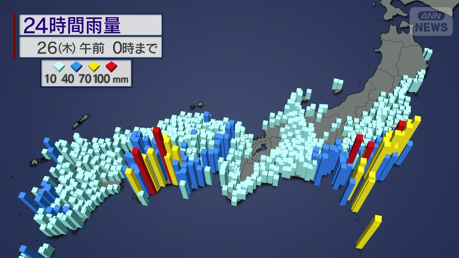 25日（水）に降った雨の量　高知や千葉県で１００ミリを超えたところも