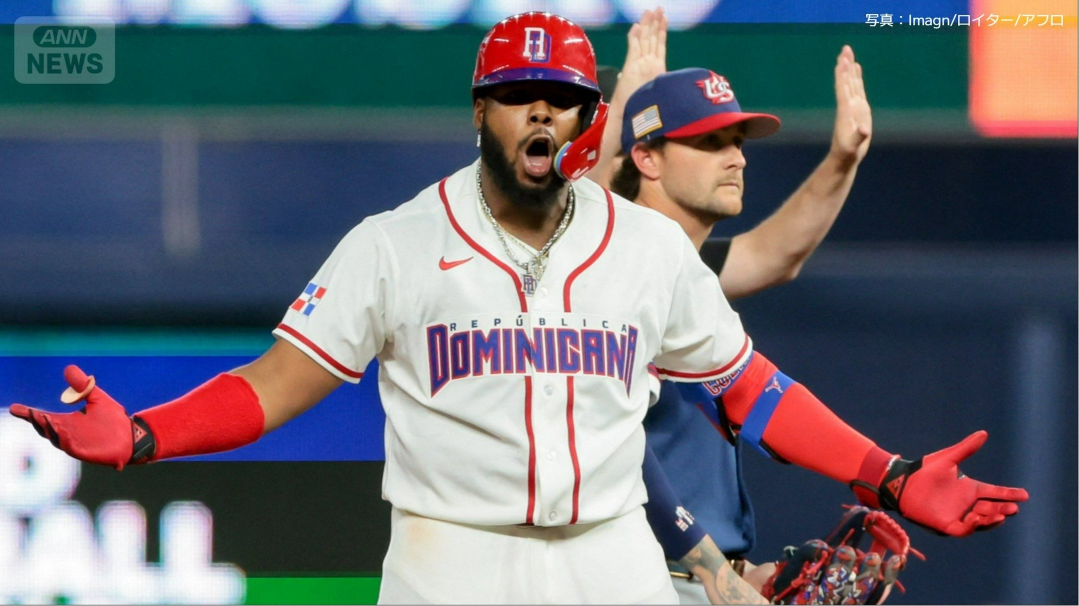 二塁打を放ちチームを鼓舞するドミニカ共和国のV.ゲレーロJr.選手(27・ブルージェイズ)