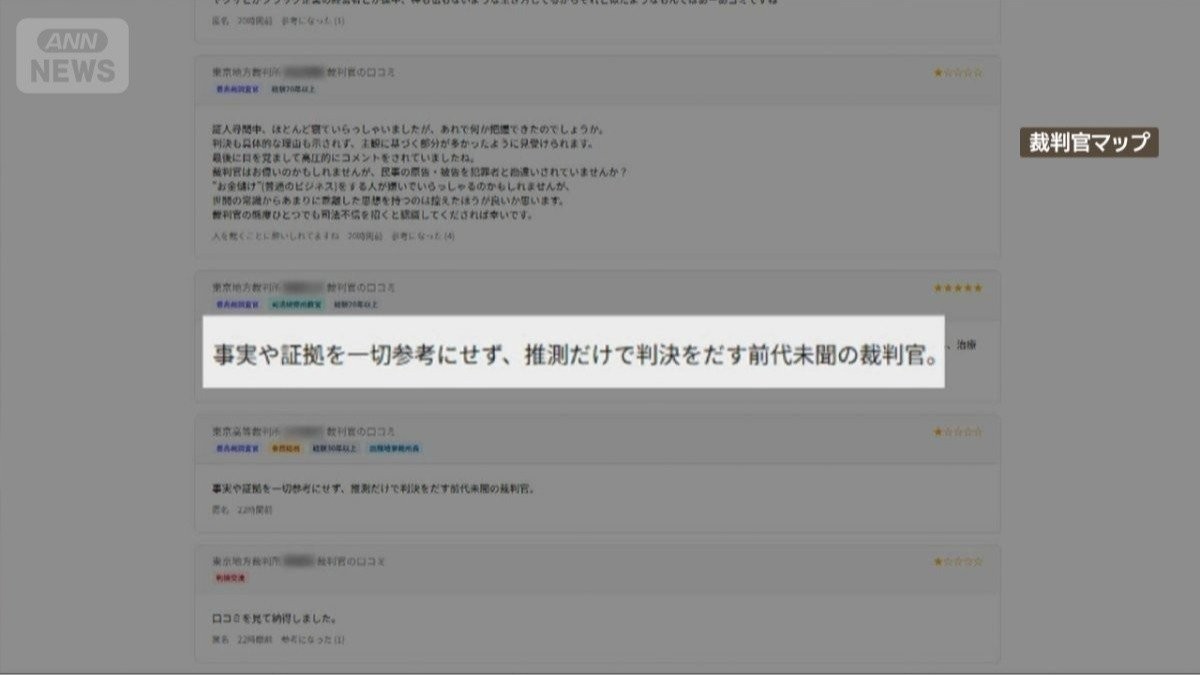 「裁判官マップ」弁護士が作成　口コミ付き5段階評価　中傷の危険性も