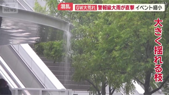 屋根からは滝のような雨水