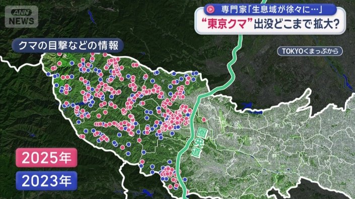 東京都のクマの目撃マップ