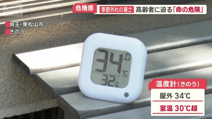 外の温度計は34℃。