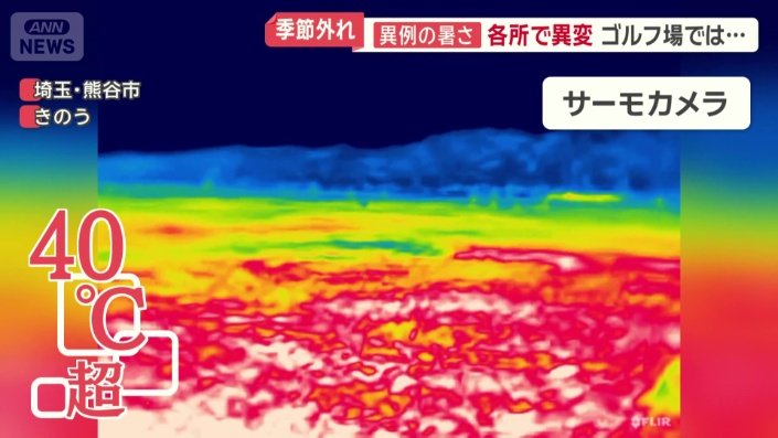 サーモカメラで見ると、芝生は真っ赤